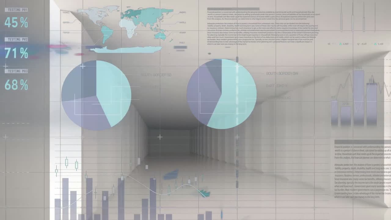 animación del procesamiento de datos estadísticos a través de la red de red contra el corredor de oficinas vacío