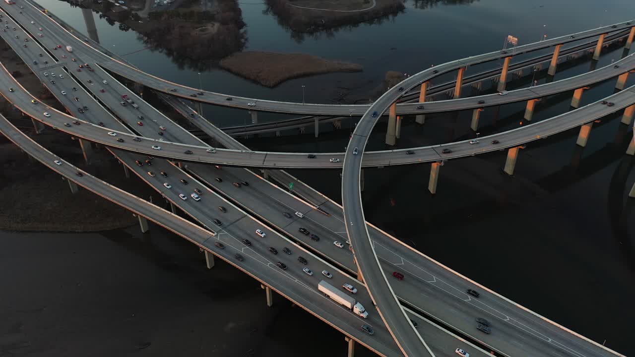 Elevated Interstate Highway Interchange and Overpass, Aerial View of Traffic on Baltimore Beltway on Sunset Sunlight