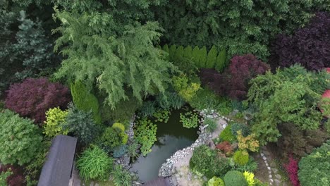 a beautiful japanese garden with a tranquil water pond surrounded by stones and buildings during summer in poland, captured in a 4k drone shot