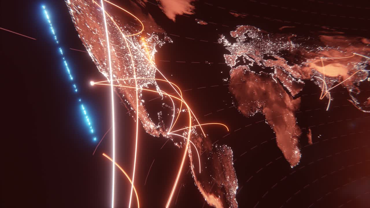la globalización tecnológica de la tierra en animación 3d. puntos de negocios globales en un planeta giratorio.