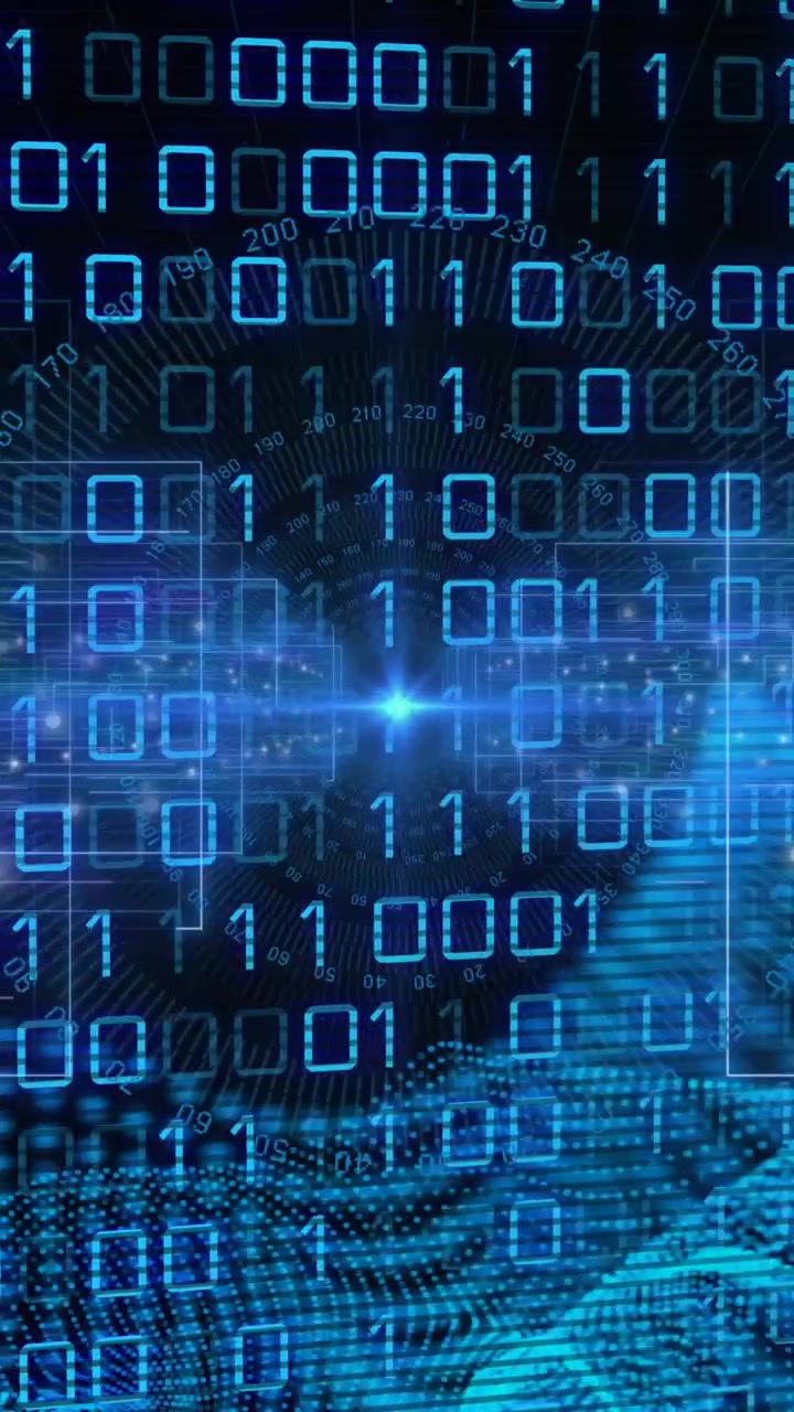 Animation of blue mesh, binary coding, data processing