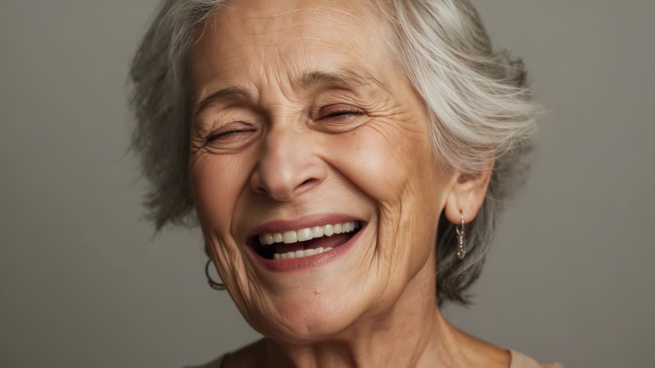Signora anziana che ride dopo una battuta, passando da un sorriso a una risata in studio, con indosso orecchini argentati