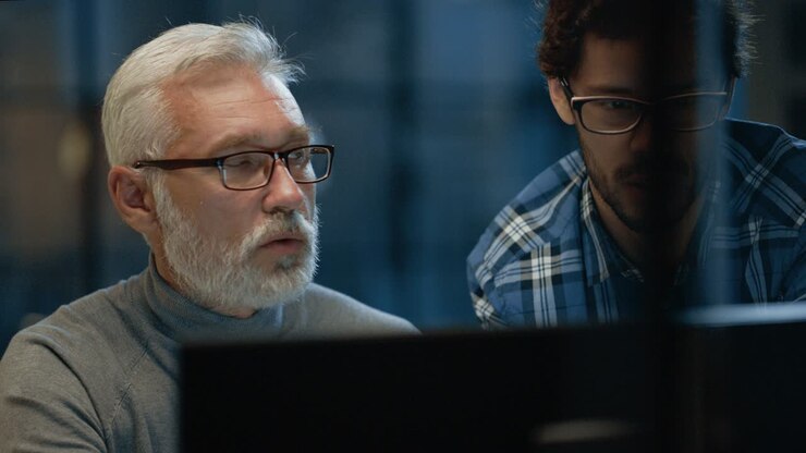 Chief Creative Designer Shows Desktop Computer Screen to a Young Developer, They Discuss Project. Two Professionals Having Discussion. Choosing Right Design Concept. Evening in the Studio Office