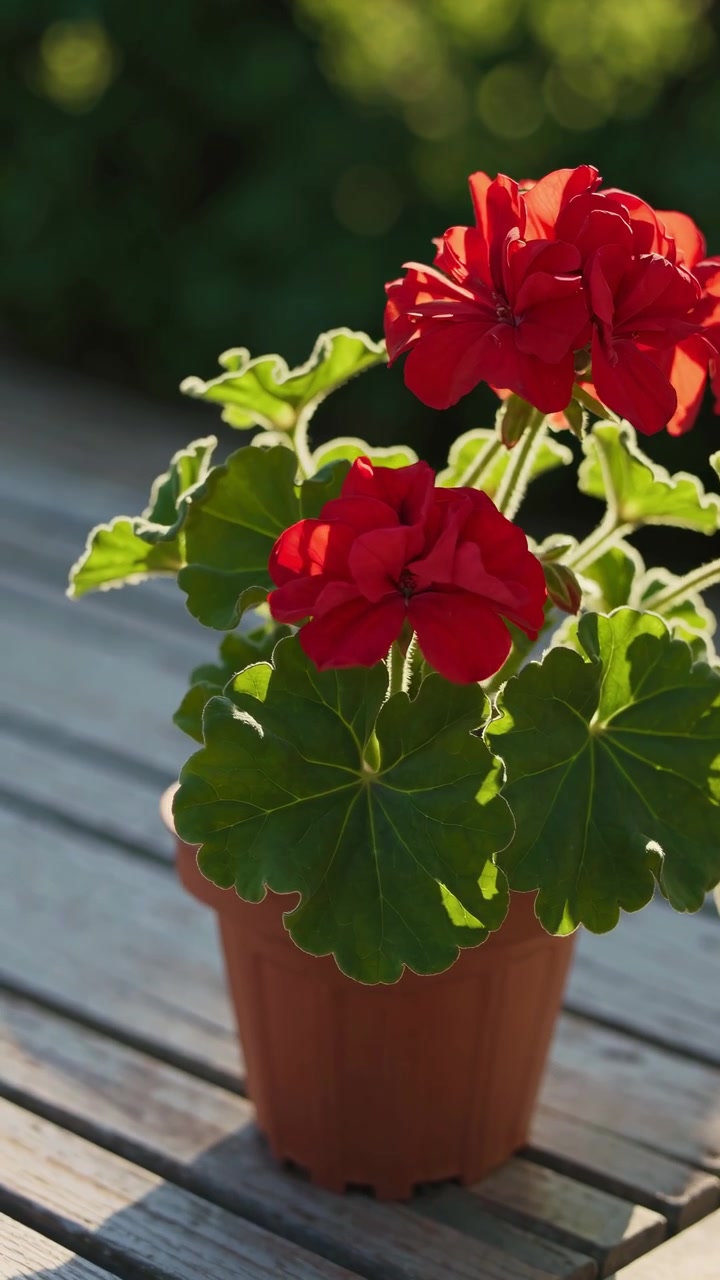 Vibrante flor de geranio rojo en una maceta sobre una mesa de madera