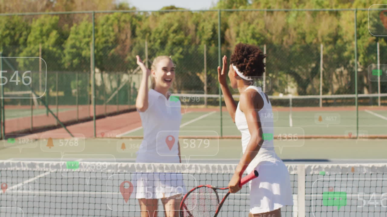 Two female tennis players high-fiving at court net, with floating sports analytics icons and charts