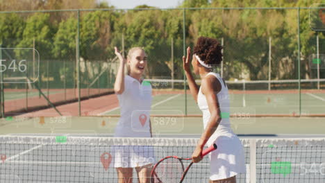 two female tennis players high-fiving at court net, with floating sports analytics icons and charts