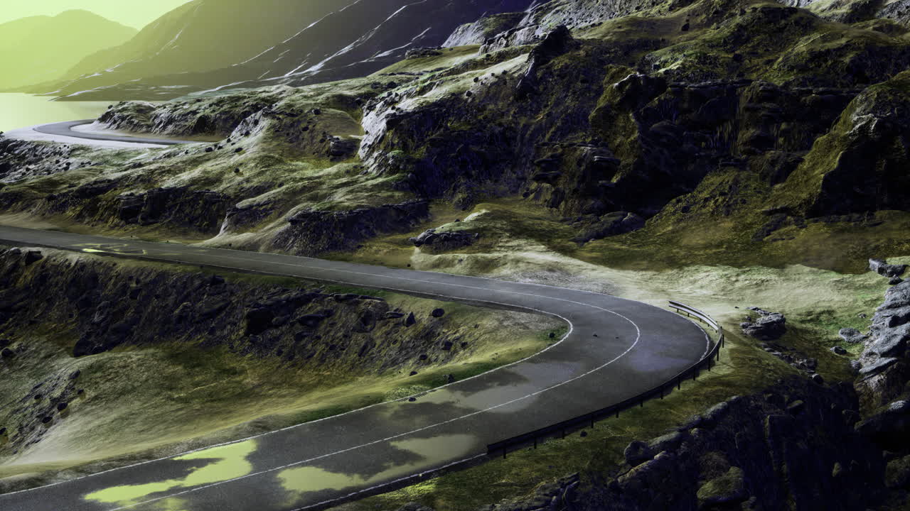 Winding road through rugged landscape at dawn with vibrant sky and hills