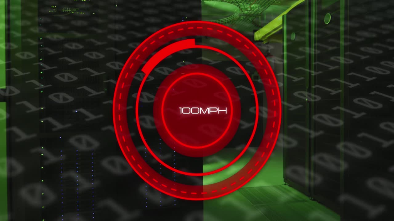 animación del indicador de velocidad, codificación binaria y procesamiento de datos a través de servidores informáticos