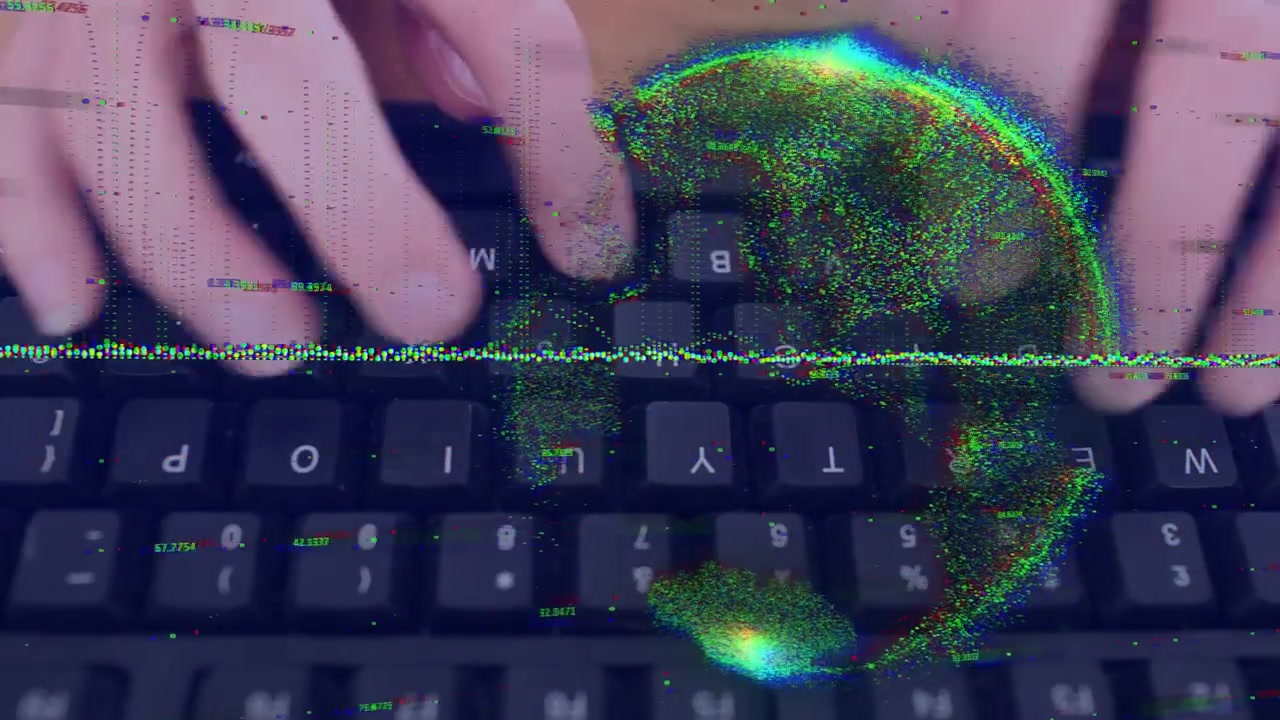 Typist hands pressing keys, entering text while glitch wave and particle halo pulsing for tech