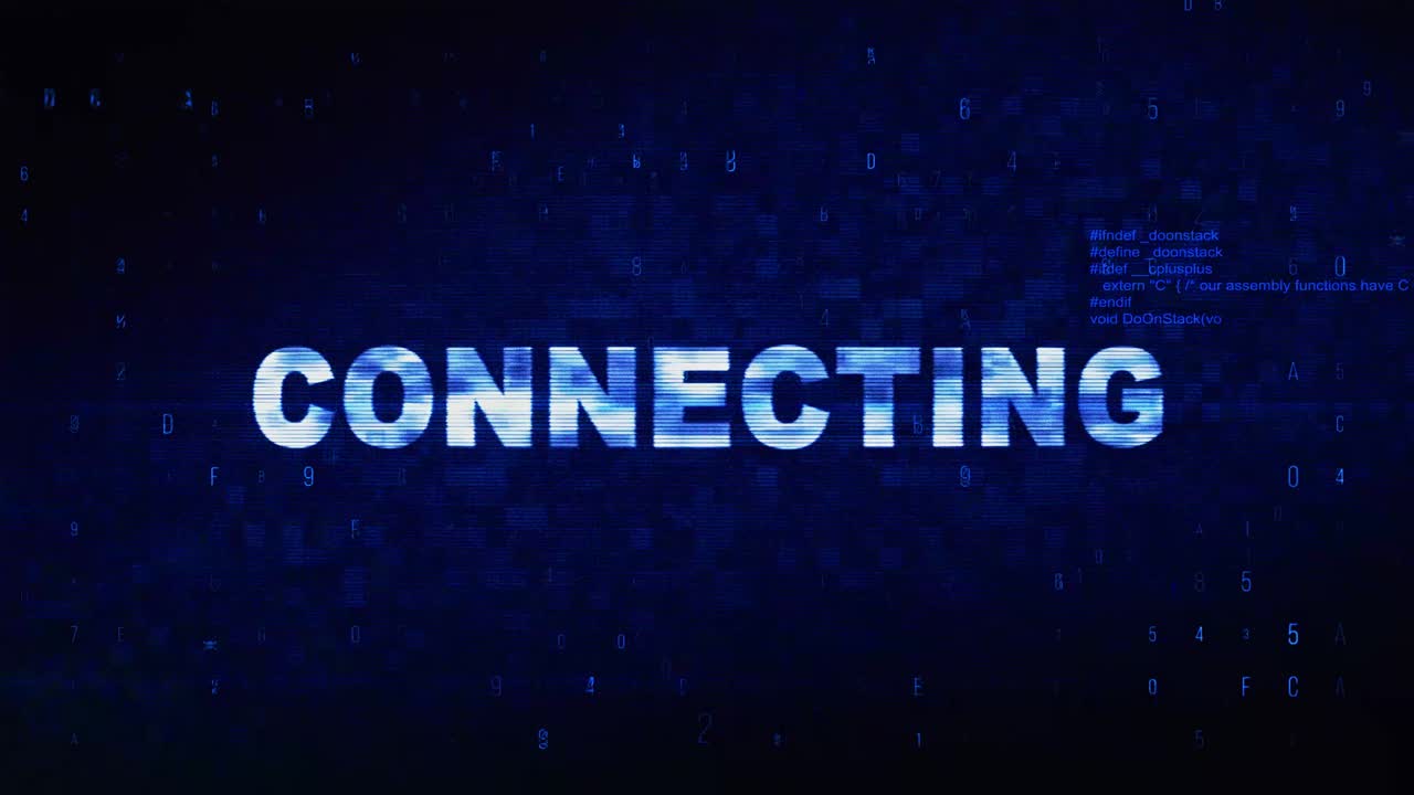 Connecting text digital noise twitch and glitch effect tv screen loop animation background login and