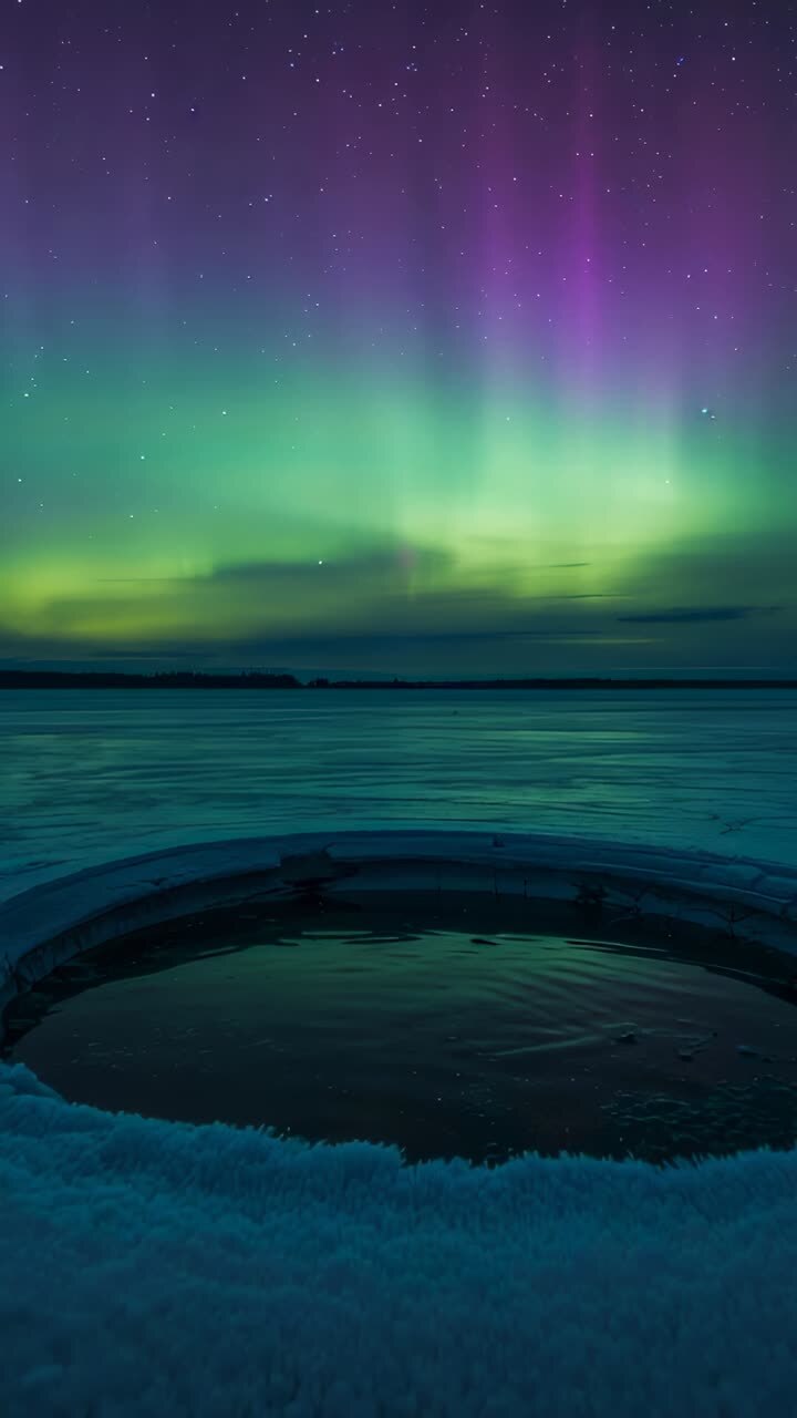 Vertical video: Round ice hole reflecting sky and rippling at shore, from pulsing aurora overhead