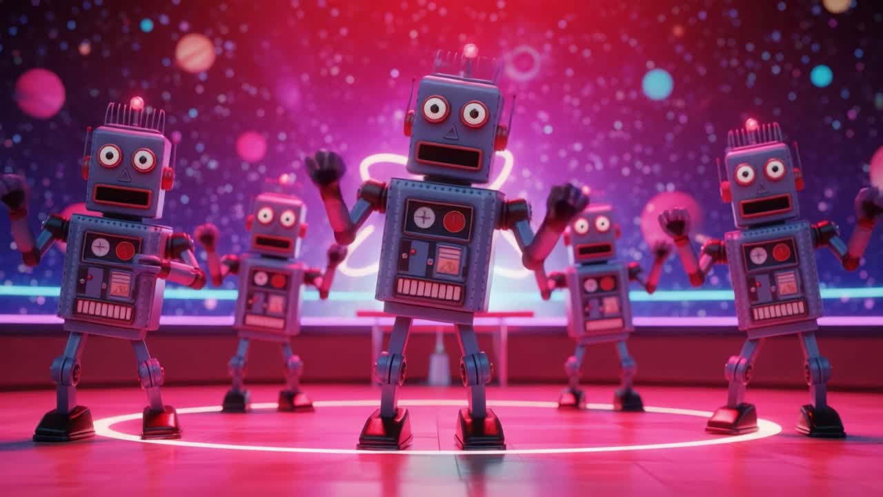 A Whimsical Dance of Colorful Robots as They Groove Together Under a Cosmic Background, Enthralling with Their Energetic Movements and Eye-Catching Designs
