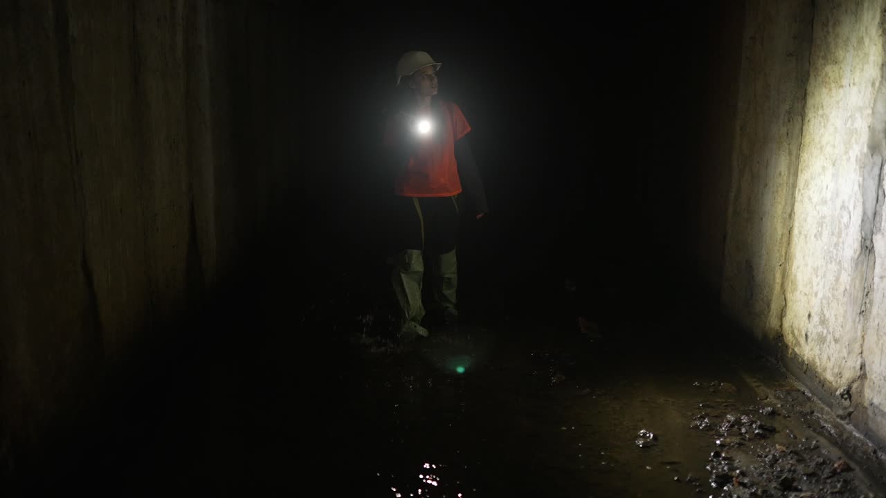 trabajador en un túnel subterráneo oscuro con agua