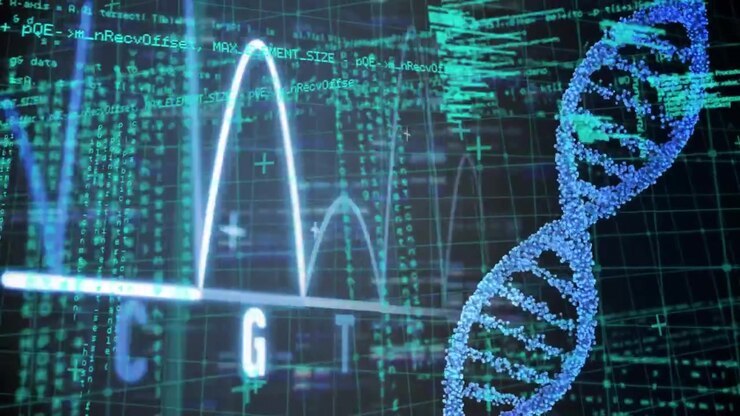 Animation of data processing and dna strand spinning over grid