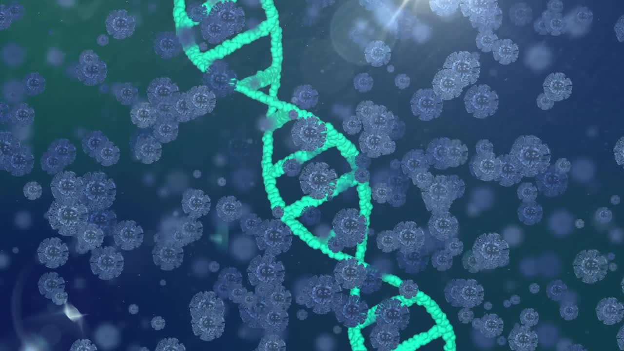 adn y bacterias de coronavirus volando sobre el fondo de gradiente.