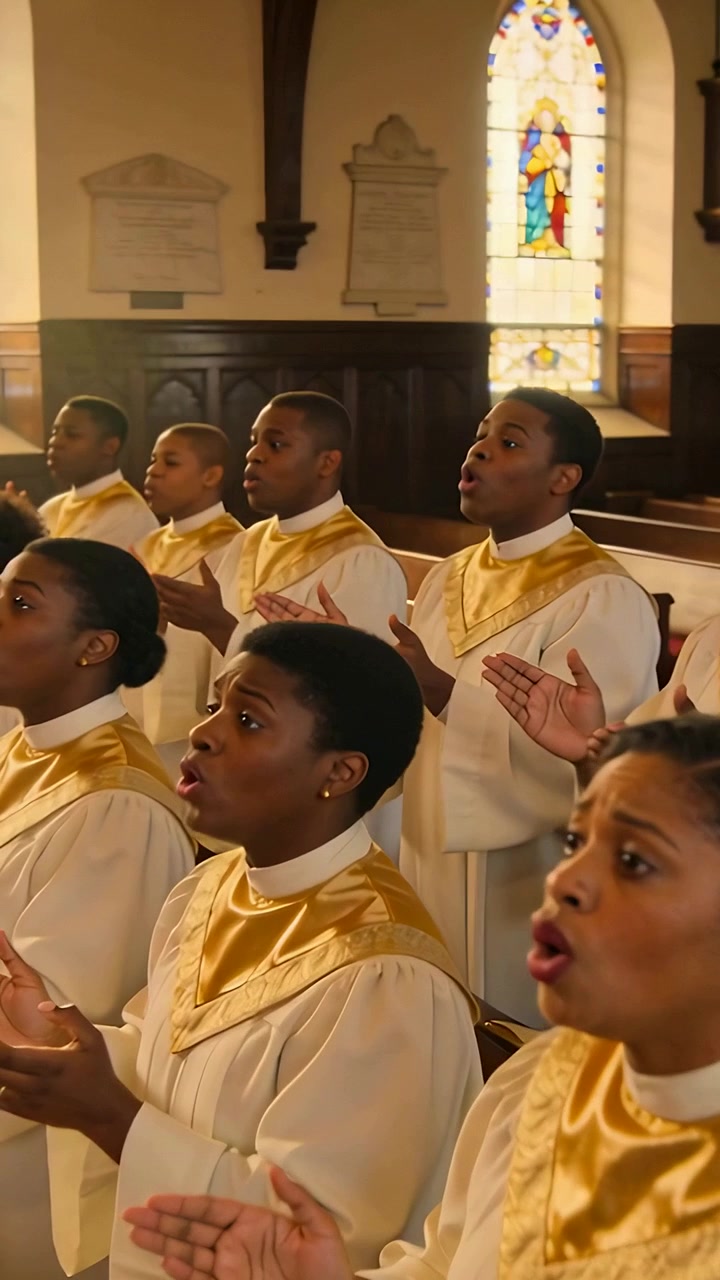 Vertical video: Singing choir on cue, clapping and projecting at pews during service