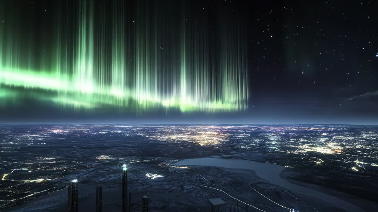 aurora boreal sobre una ciudad por la noche