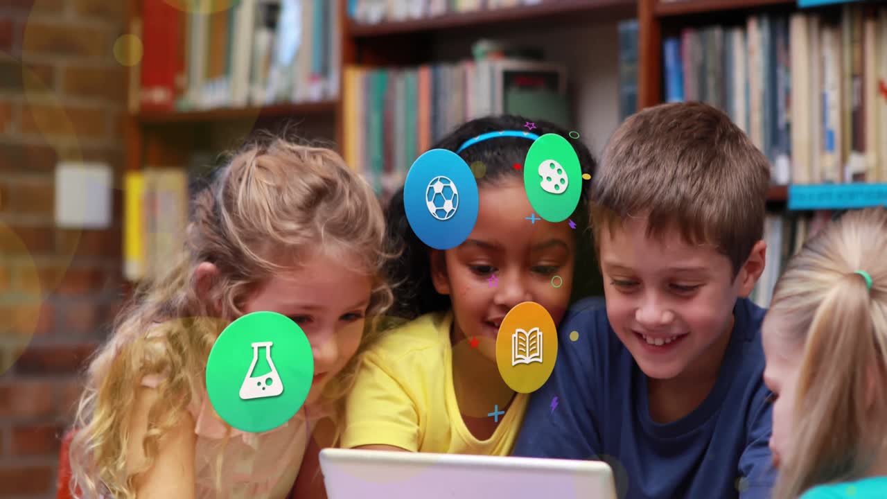 Animation of colorful icons over diverse schoolchildren using tablet