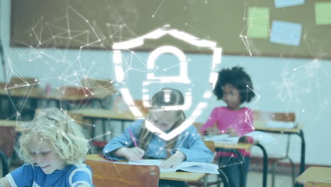 animation of security padlock icon and network of connections against students studying at school