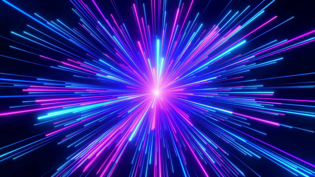 High-energy radial light burst centered slightly below midline, emitting glowing cyan and magenta streaks and luminous tubes against a deep navy to black