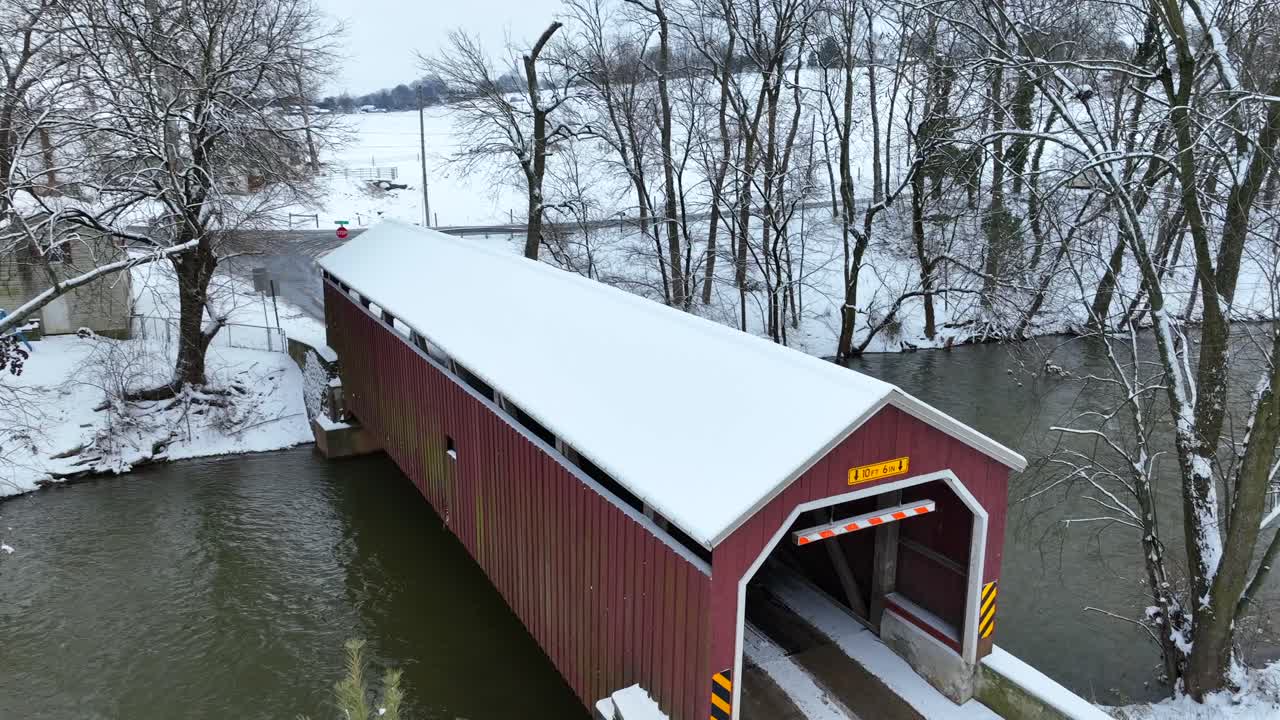 Aerial shot of a covered bridge in rural Lancaster County, Pennsylvania