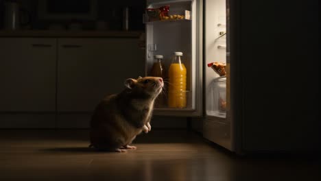 a curious hamster explores the open refrigerator at night, captivated by the intriguing contents in a cozy kitchen setting