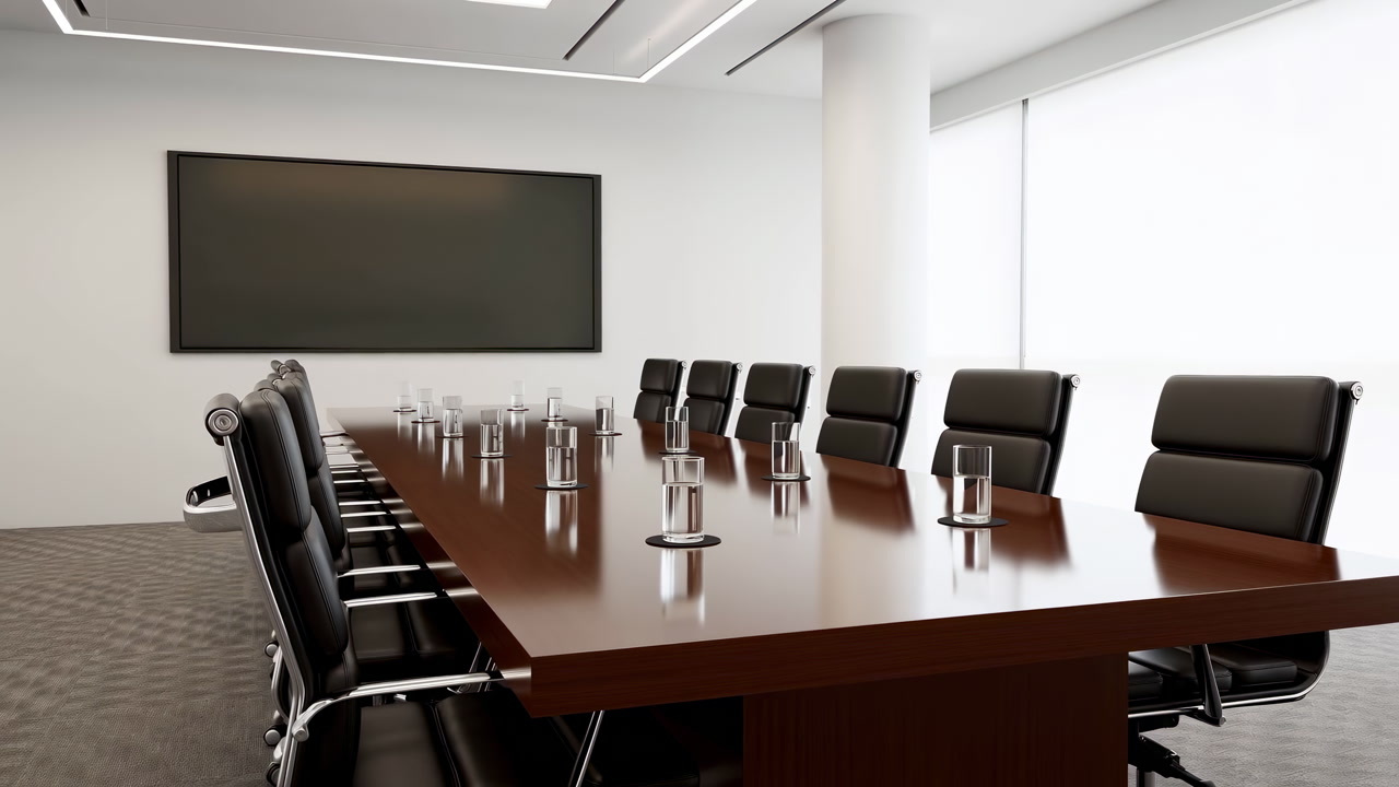 Empty Conference Room Long Wood Table With Leather Chairs Wall Screen Floor To Ceiling Window Soft Ceiling