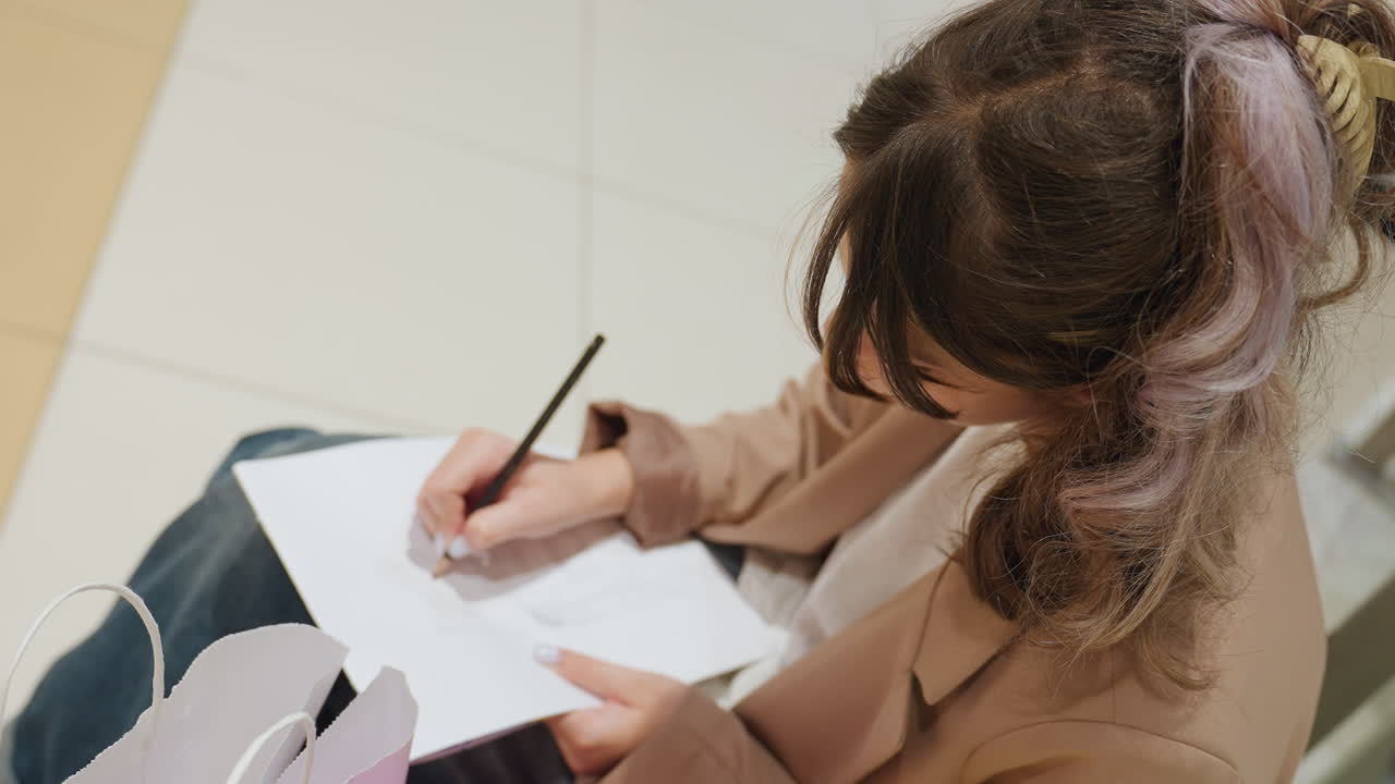 Kavkazský ilustrátor skicuje na lavičce perem a zápisníkem, detailní horní pohled na ruce kreslící na papír, dlážděná podlaha nákupního centra, ležérní bunda a taška vedle objektu, soustředěná kreativní atmosféra