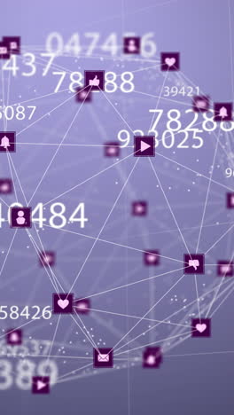 animación de la red de conexiones con iconos y números en fondo violeta