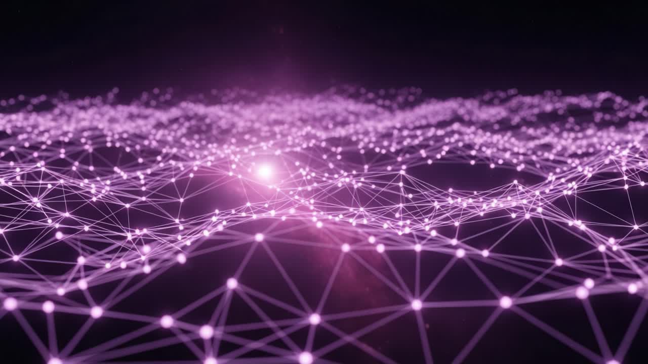 Captivating Visualization of Abstract Digital Network Connections with Illuminated Nodes in a Deep Purple Landscape, Symbolizing Technology and Innovation