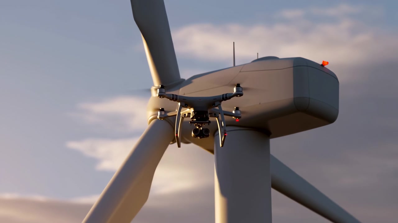 Quadcopter-drone svæver under nacellen og rotorhuset på en stor vindmølle, indrammet mellem tårnsøjler med varmt solnedgangslys og klar himmel