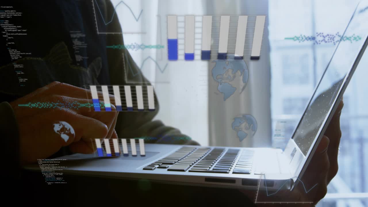 Woman updating laptop for data analytics driving bar charts showing rising data and rotating globes