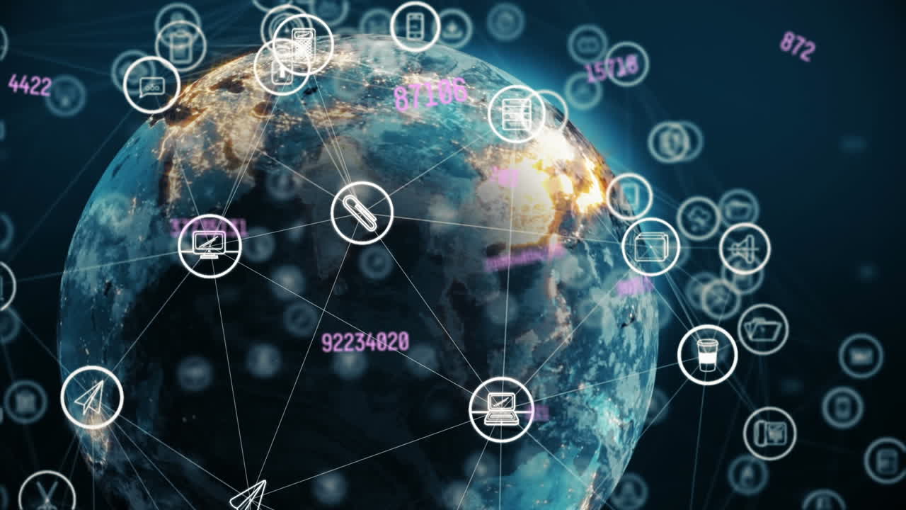 전 세계에 있는 아이콘과 연결된 네트워크의 애니메이션