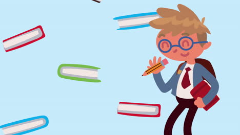 niño estudiante con lápiz y libros de animación