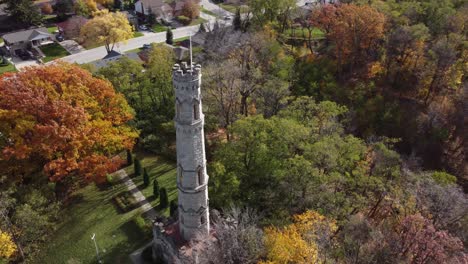 drone rotate around battlefield house monument in hamilton ontario canada, aerial close up of the main stone tower in the park