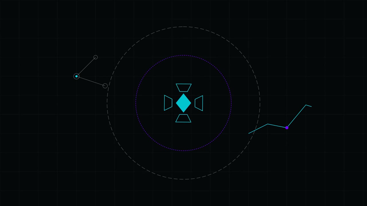 Abstract Digital Interface with Rotating Geometric Shapes and Data Lines