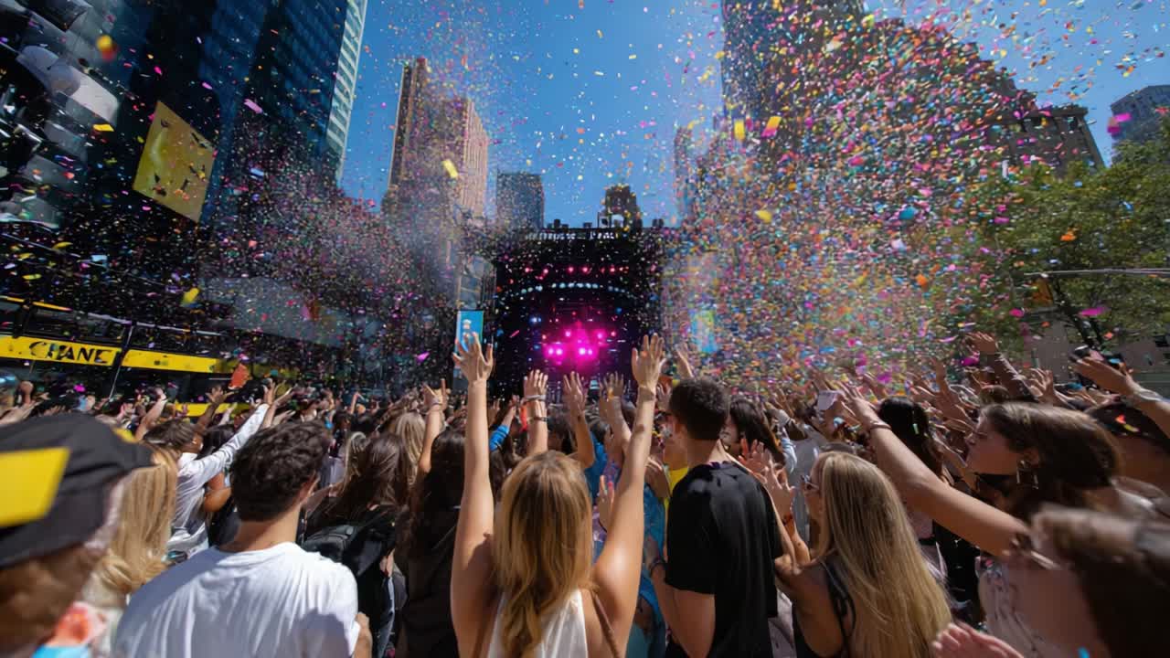 A vibrant celebration unfolds as an enthusiastic crowd at a lively outdoor festival joyfully immerses themselves in a dazzling display of confetti and water, capturing the essence of a thrilling summer event