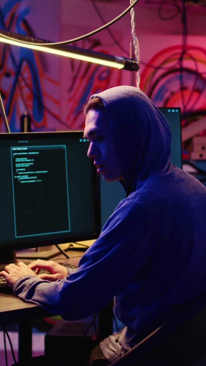 Vertical video Anxious hacker hiding in bunker