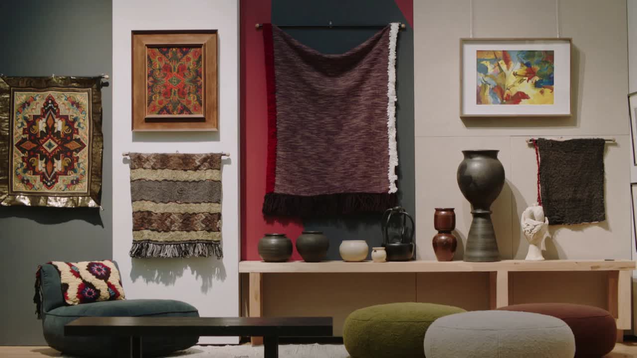 Kamera se oddaluje přes galerijní místnost, odhaluje tkané textilie a keramické vázy.