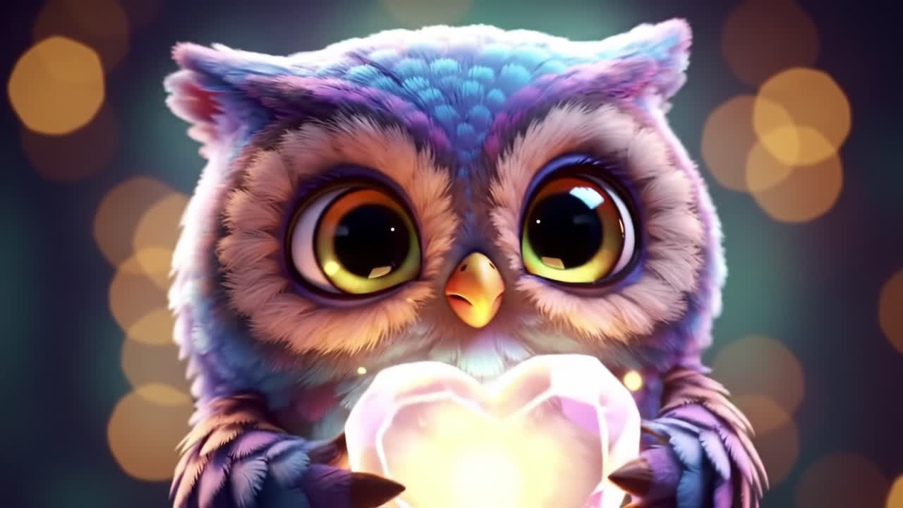 An Adorable Cartoon Owl Cradling a Heart-Shaped Gem with Big Sparkling Eyes, Radiating Whimsy and Love Under a Glowing Bokeh Background in a Colorful Fantasy Setting