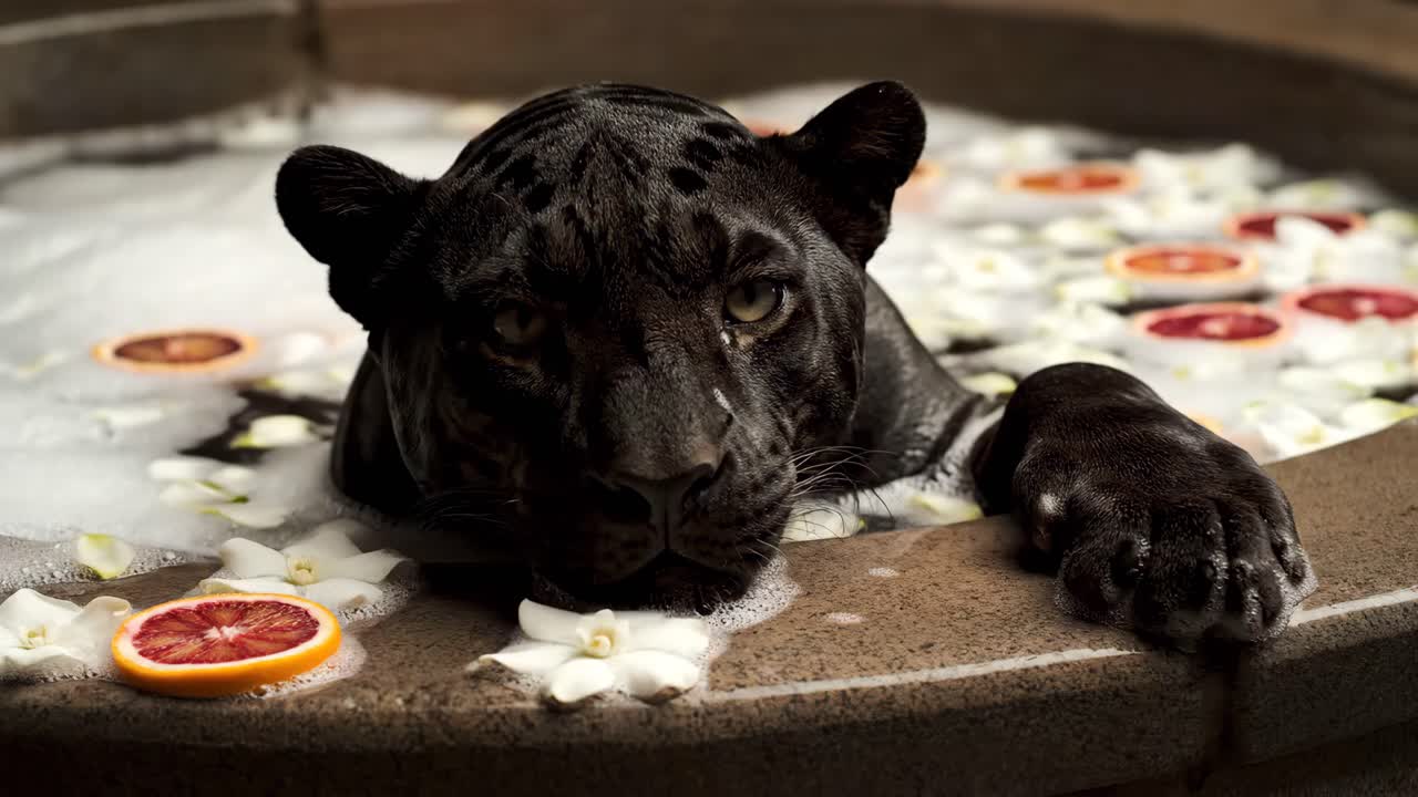 Black Panther Relaxing in a Floral Bath