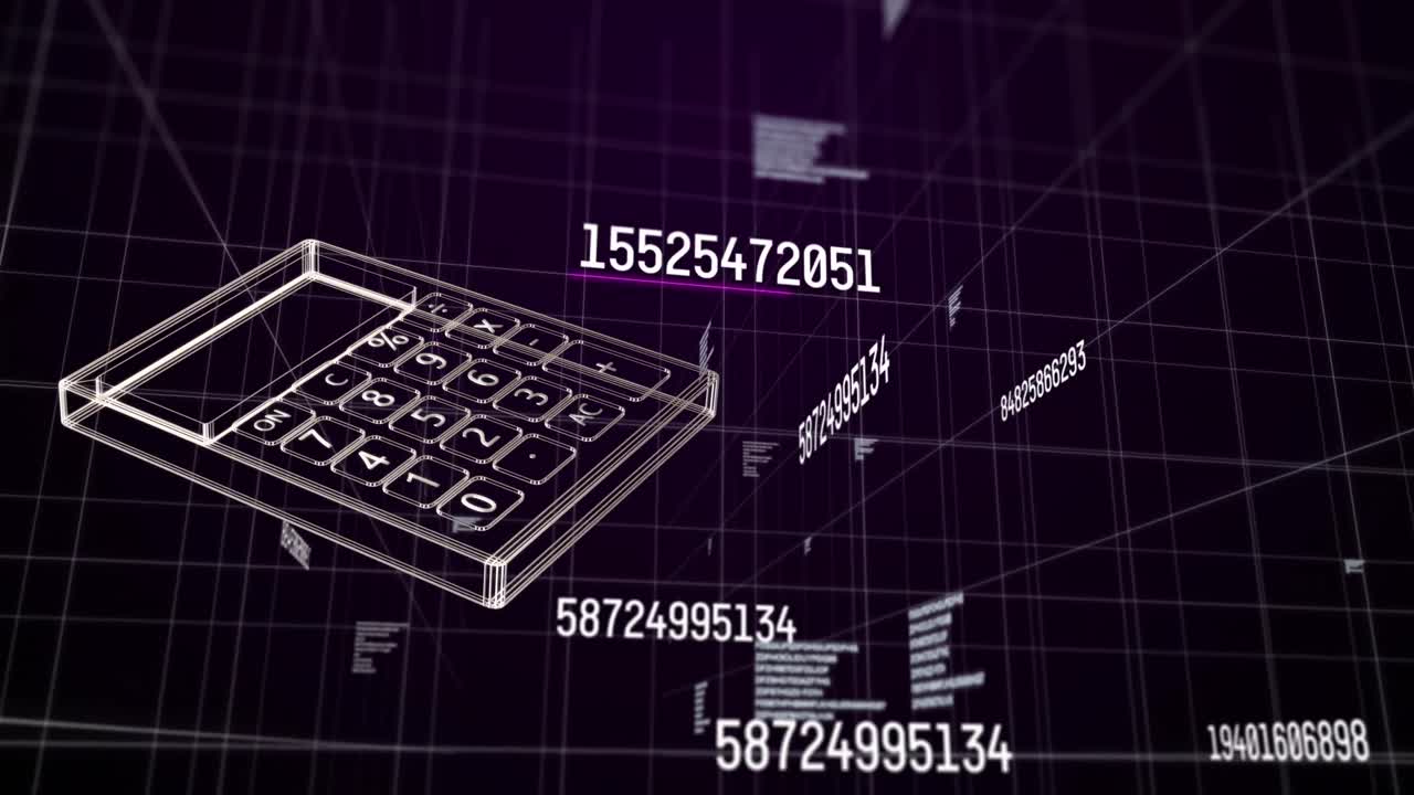 Animation of calculator icon over data processing on black background