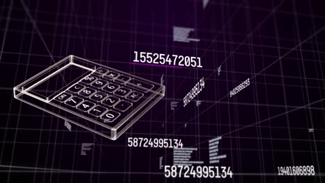 animation of calculator icon over data processing on black background