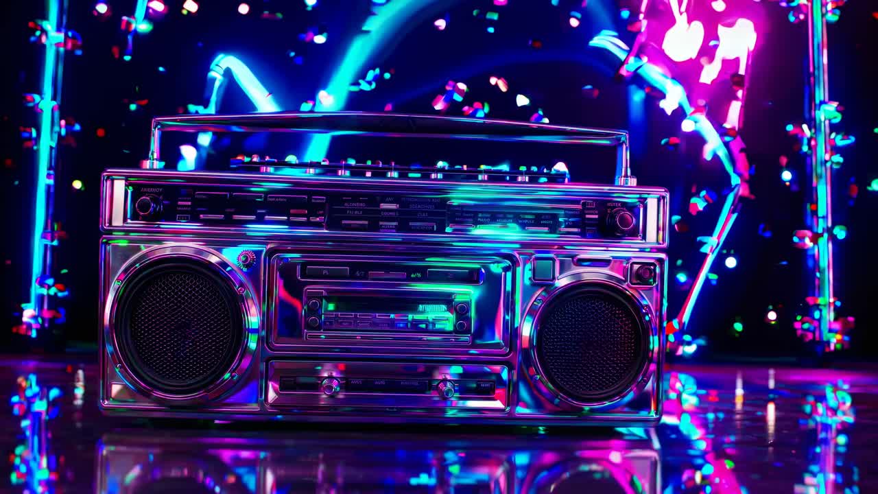 A retro boombox in neon lights, shot from a low angle