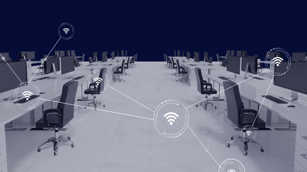 animación de la red de conexiones con iconos en el interior de la oficina con escritorios y computadoras