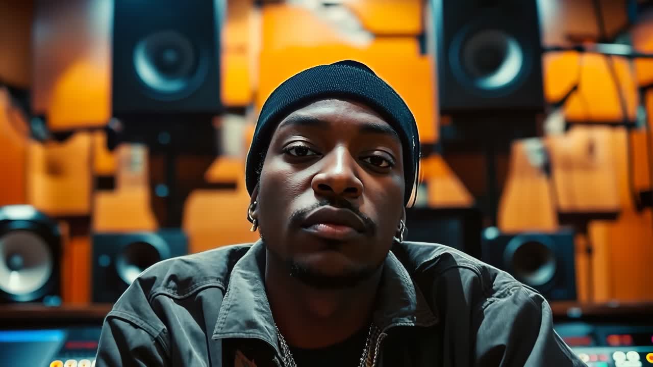 녹음 스튜디오 에서 싱 데스크 앞 에 앉아 있는 사람