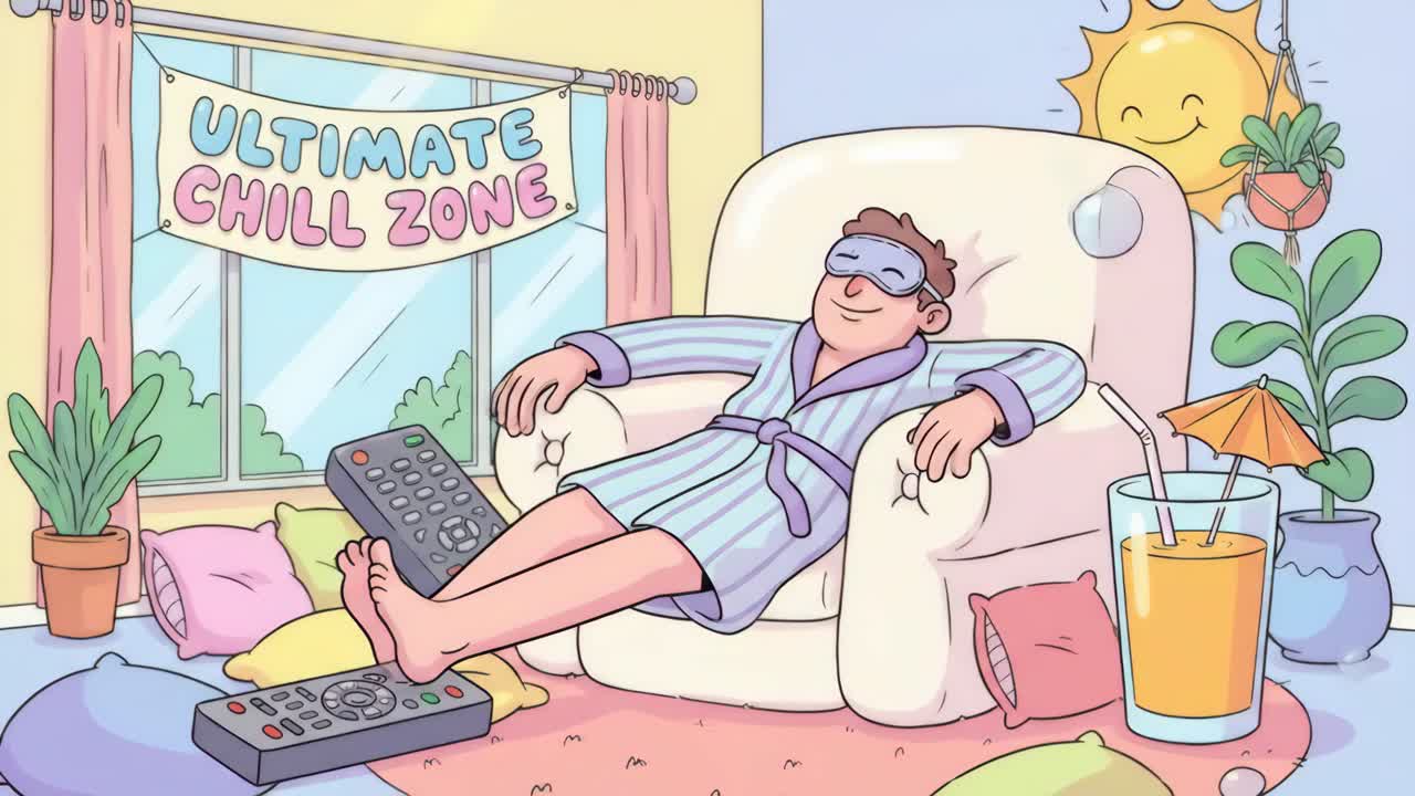 Animeret mand slapper af i lænestol med sovemaske