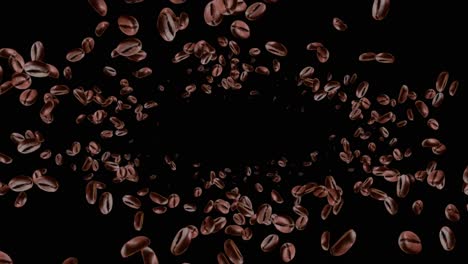 4k 3d coffee beans flying and spin motion graphic showing coffee beans flying in the air group of