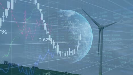 Animación-Del-Procesamiento-De-Datos-Financieros-Y-Globo-Terráqueo-Sobre-Turbina-Eólica