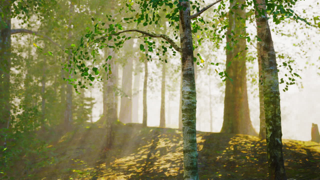 солнечный свет проходит через туманный лес.